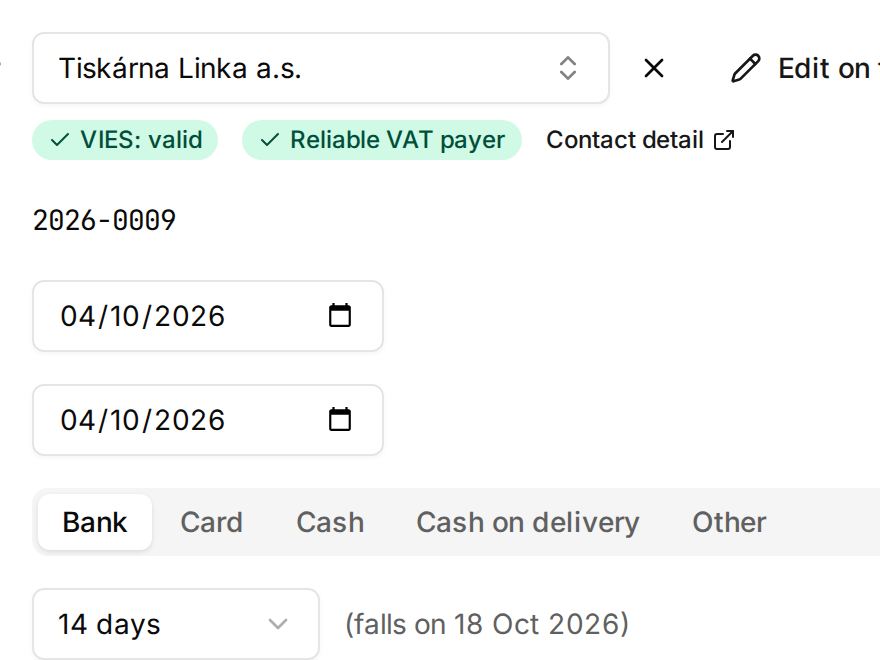 The customer on a draft invoice with the VAT ID checked in VIES and in the VAT payer register