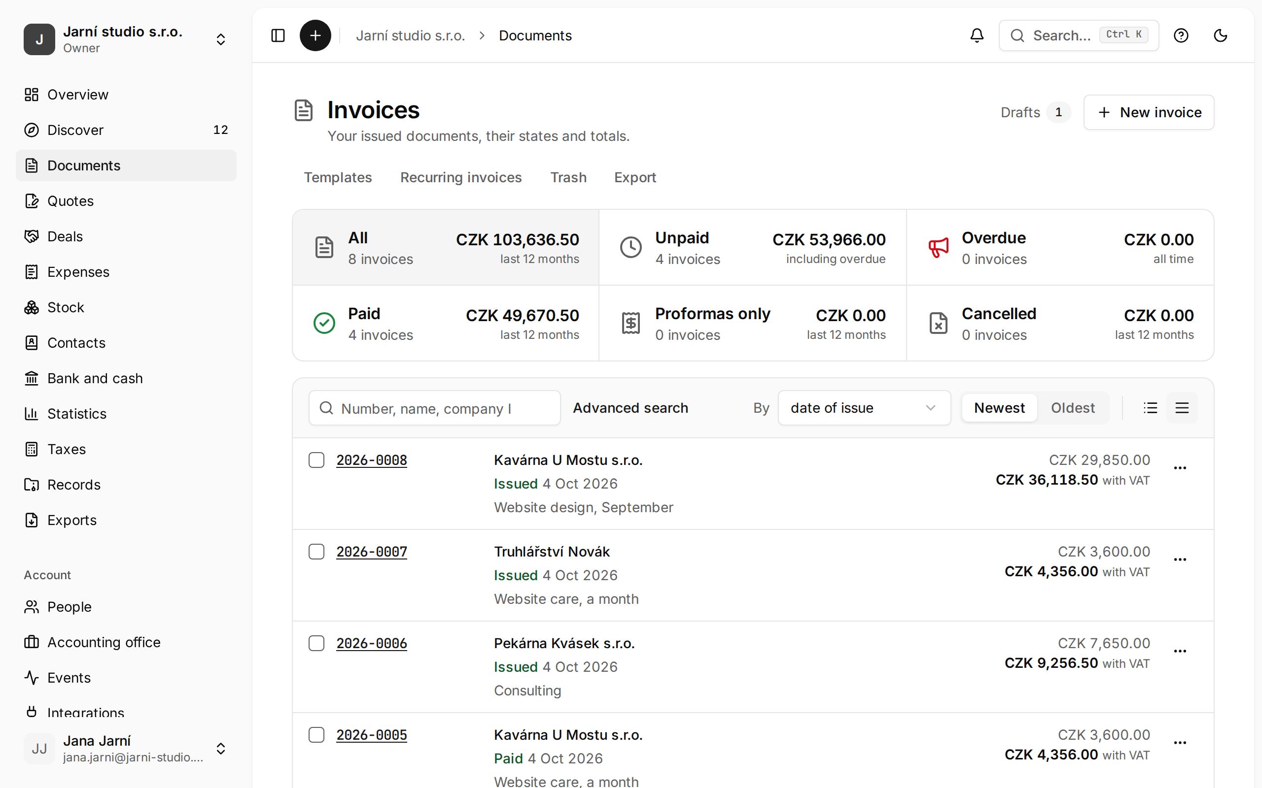 The invoice list with its totals by state