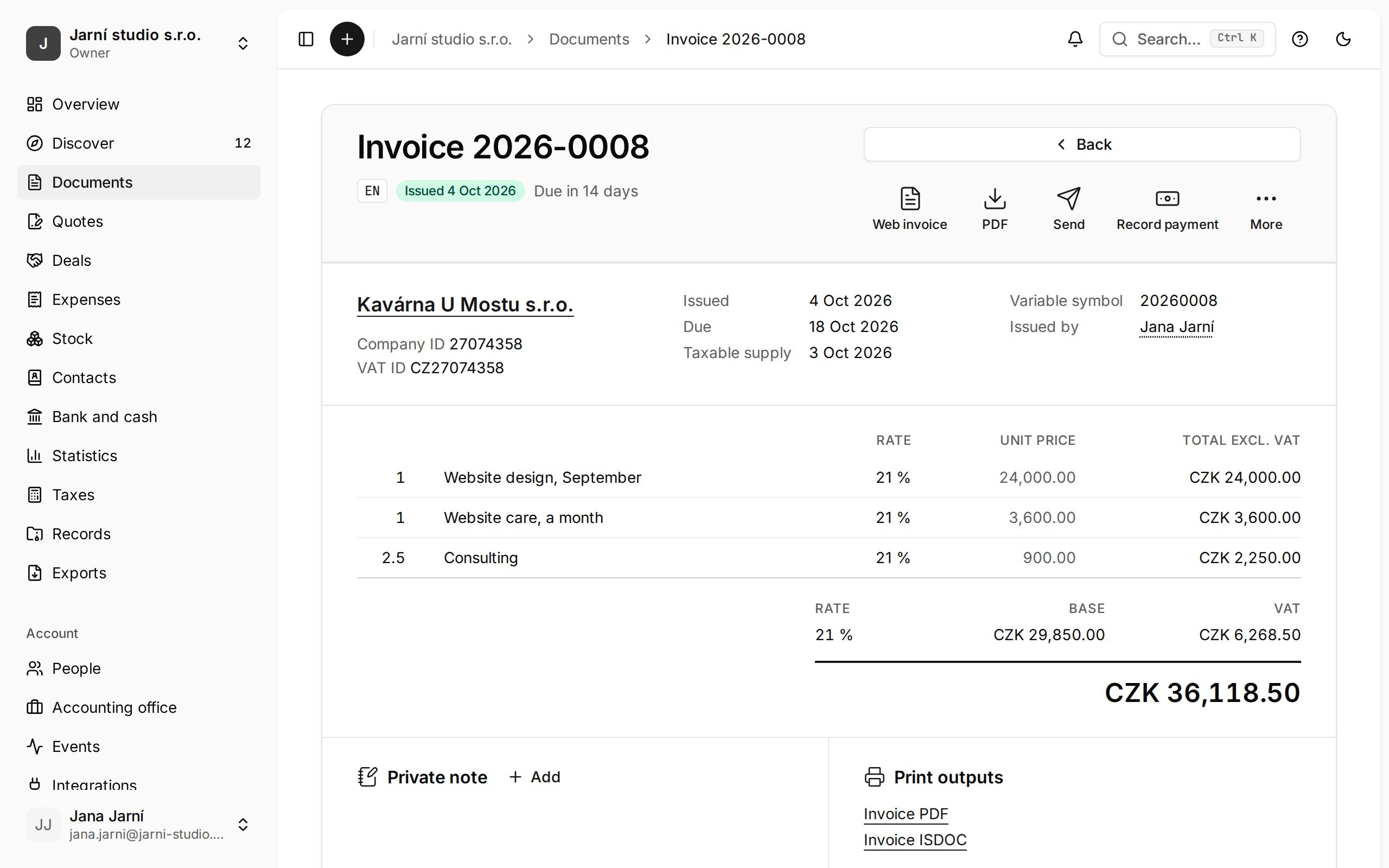 An issued invoice in the application