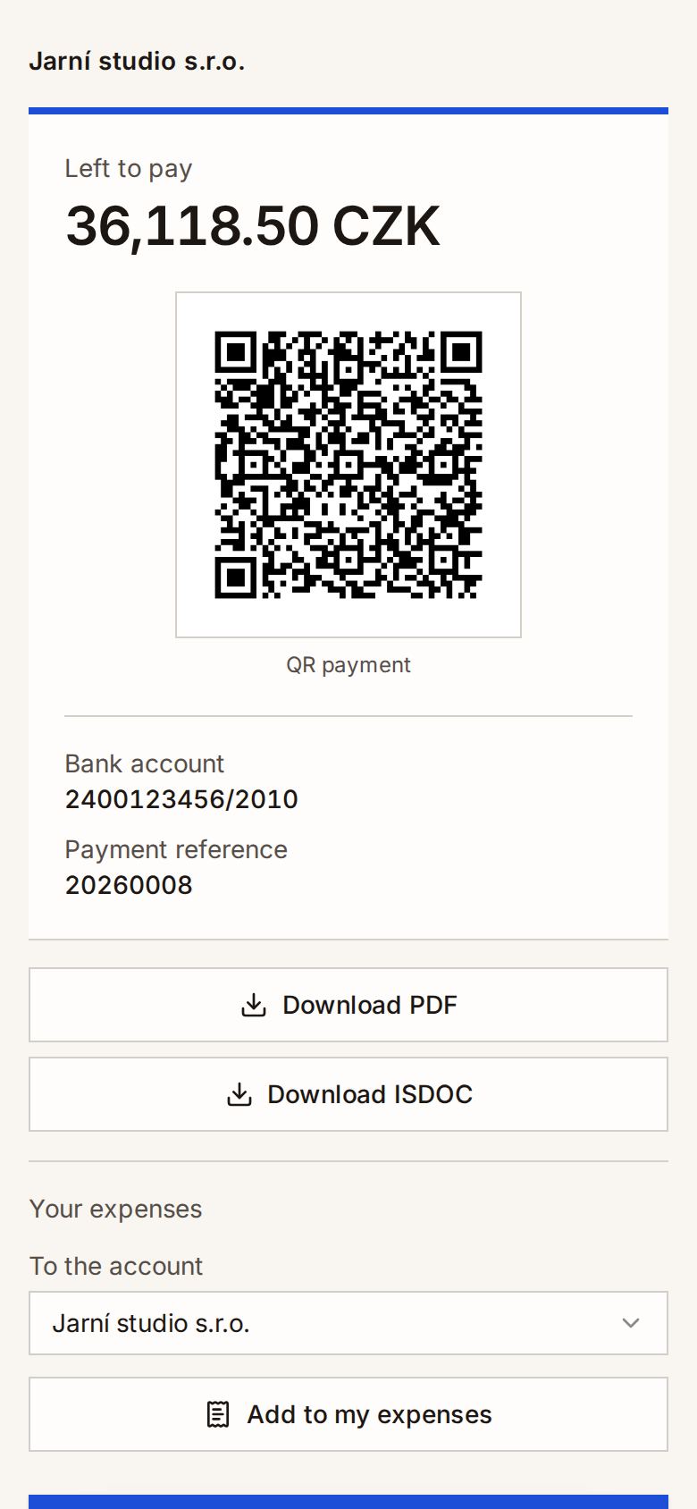 The web invoice with its QR payment on the customer's phone